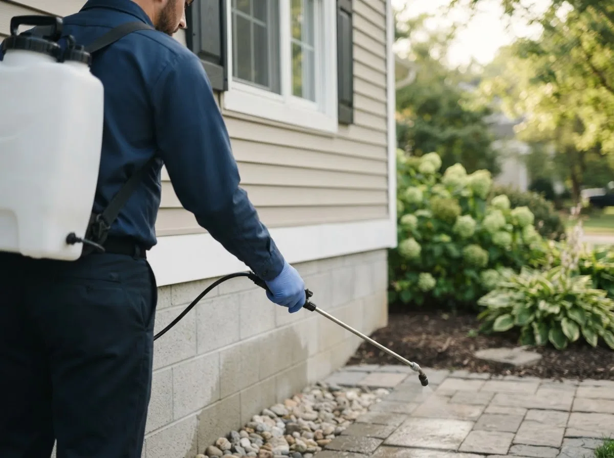 Pest control technician inspecting a home in Mannsville, NY